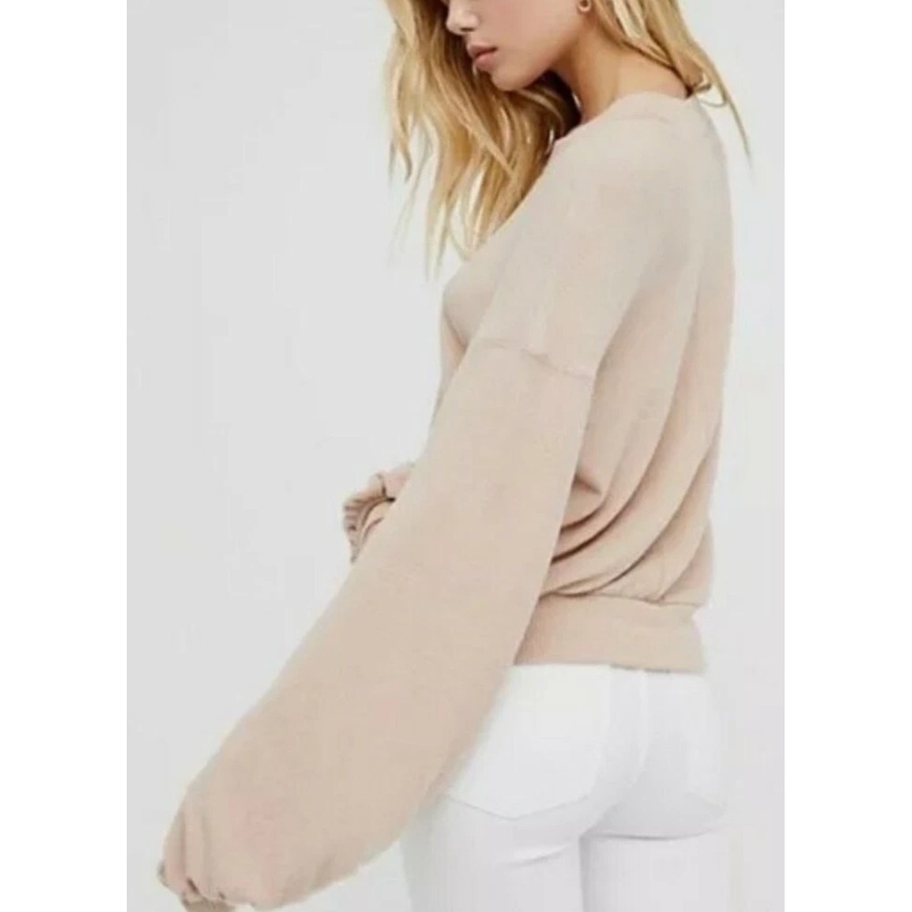 FP Beach Free People Tan Balloon Sleeve Textured Knit Pullover Sweatshirt Small